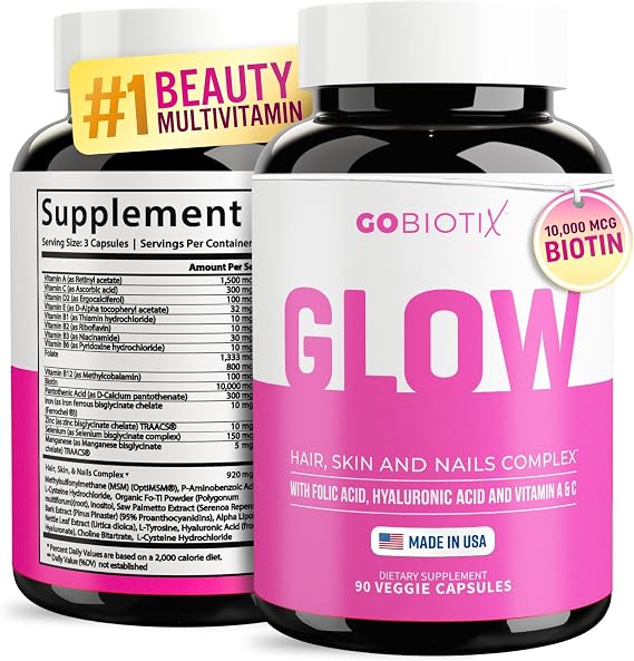 GOBIOTIX Hair, Skin & Nails Vitamins for Women 10,000mcg Biotin, Hyaluronic Acid & MSM 28 Vitamins with Folate & Iron Supports Hair & Nail Growth 90 Capsules