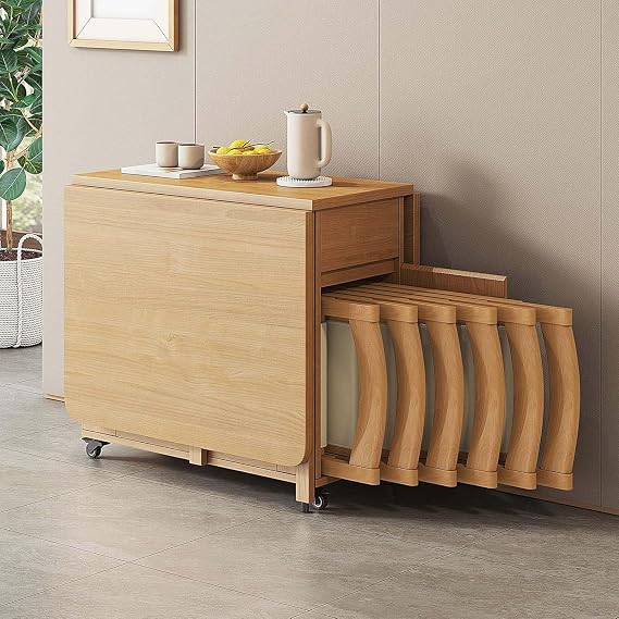Extendable Solid Wood Drop Leaf Table Folding Dining Table Set with 6 Padded Chairs Space Saving Compact Design for Home Living Room Restaurant Mobile Kitchen Table,1,1.4m