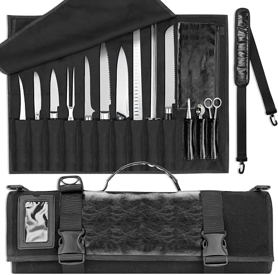 Chefs Knife Roll Bag, Heavy Duty Canvas & Leather Knife Case, Waterproof Knife Case with 10 Slots & 1 Detachable Storage Bag, for Home Kitchen Camping Hiking (Black)