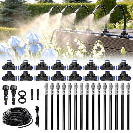 360° Adjustable Drip Irrigation System, 49FT Garden Watering System with 15 Nozzles, Water Sprinkler for Garden, Yard, Lawn, Greenhouse, Plants,