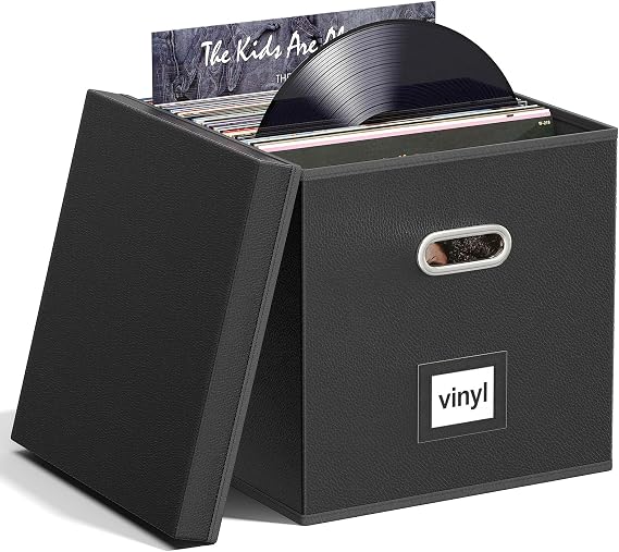Leather 12-inch Vinyl Record Storage Box,Folding LP Case with Lid & Handle