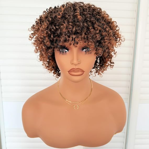 Short Kinky Curly Bob Wig with Bangs 6 Inch Ombre Brown Afro Wigs for Black Women Full and Soft Heat Resistant Synthetic Fiber Throw and Go Wig