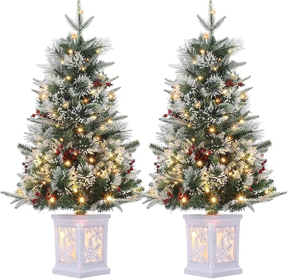 3 Ft Christmas Tree with Snowflake Base, Fiber Optic Light-Style Artificial Christmas Tree with 78 Led Lights, Red Berry Decorations, Holiday Ready, Easy Installation, 2-Piece Set
