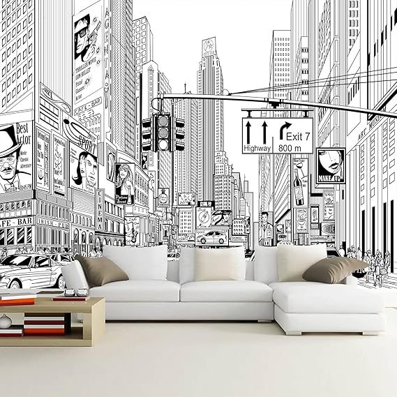 WFBHUA-Black and White New York City Wallpaper Hand Painted Times Square Wall Mural Decoration for Living Room Bedroom OfficesNot Peel and Stick