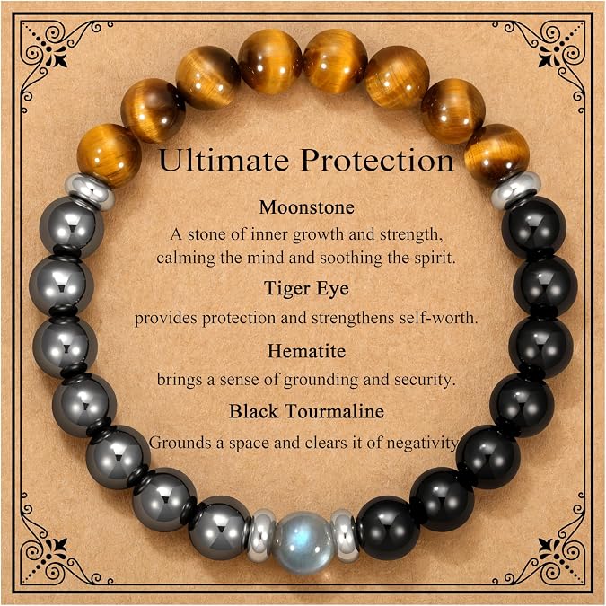 Yavannah Tiger Eye, Black Tourmaline, Hematite, Moonstone Bracelet Jewelry for Men, Christmas Fathers Day Anniversary Birthday Gifts for Dad Son Boyfriend Brother