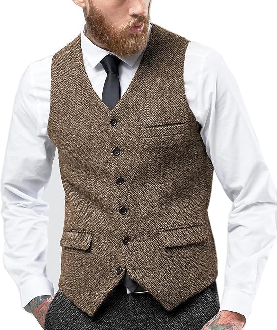 Tuikayoo Mens Herringbone Suits Vests Wool Business Tweed Retro Waistcoats Groomsman Slim Fit