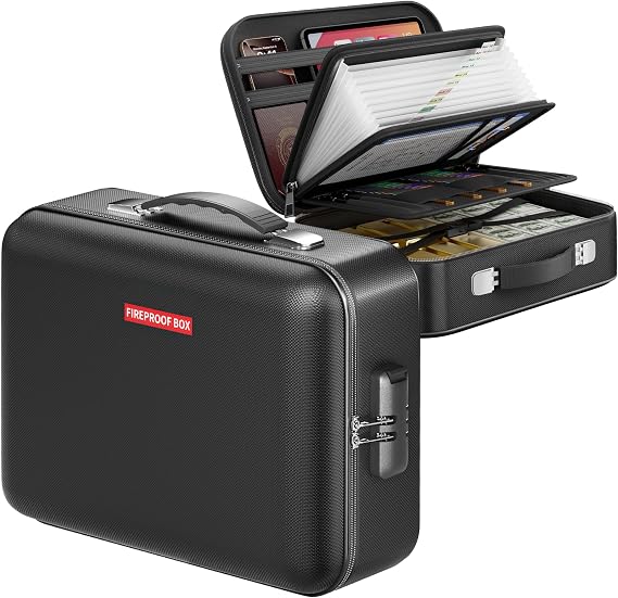 High-end Business Fireproof Document Box, Hard Case Fire Proof Documents Storage Box with Lock, Portable Fire&Waterproof Resistant for Important Files, Laptops, Passports