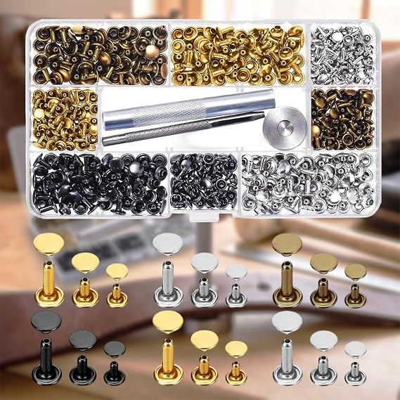 180pcs Leather Rivets Kit for Leathercraft: 3 Sizes & 4 Colors with Tools
