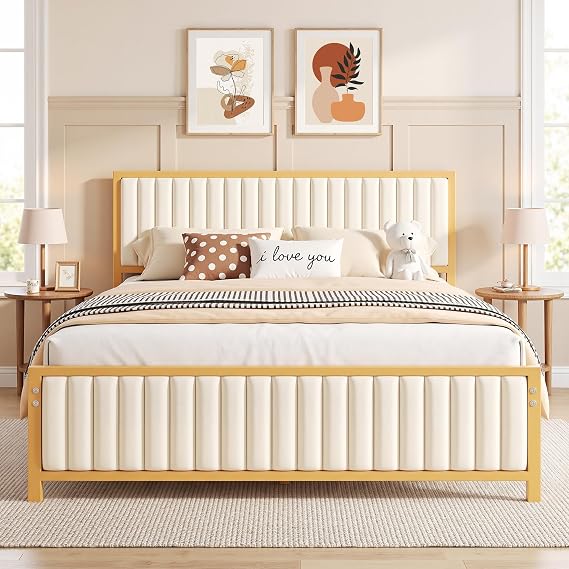 VECELO Queen Size Bed Frame, Beige