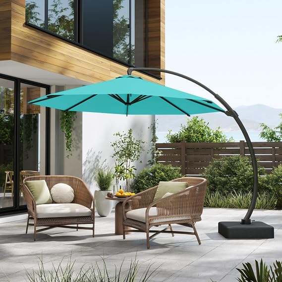 11FT Cantilever Umbrella with Base Large Curvy Outdoor Aluminum Offset Umbrella w/ 360 Rotation, UV Resistant Canopy for Patio, Garden, Backyard, Aqua Blue