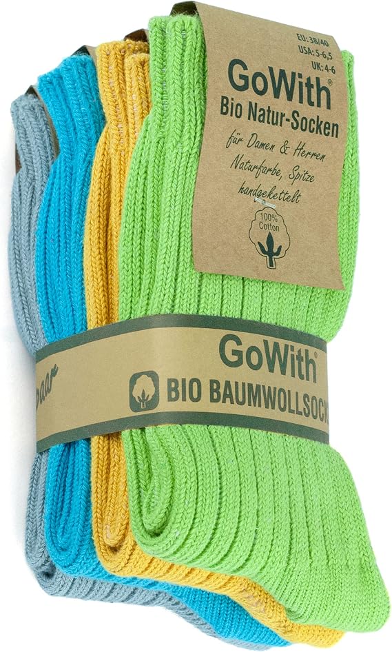 GoWith 4'lü-5'li%100 Doğal Pamuktan Üretilmiş, Yumuşak, Ön Yıkamalı, Dikişsiz, Cilt Dostu, Ribana Örgü, Bio Naturel Kadın ve Erkek Soket Çorap