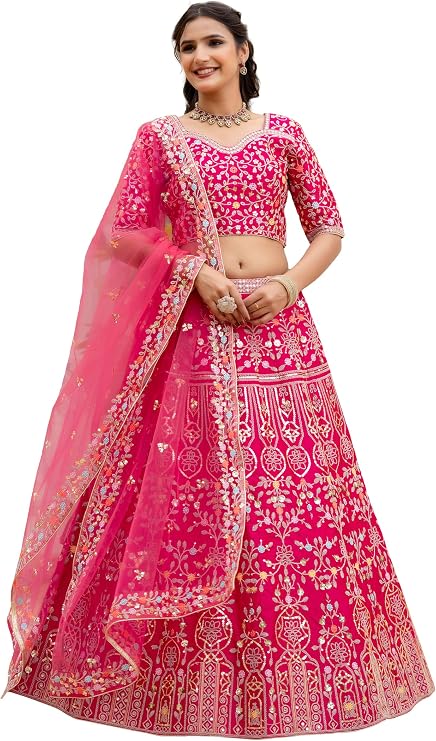 TRENDMALLS Women's Satin Embroidery Work Ready To Wear Lehenga Choli Dupatta