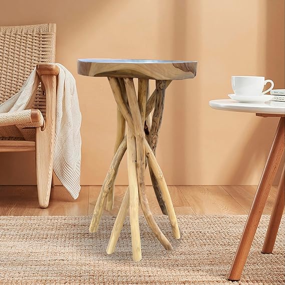 Greenage Teak Branch Coffee Table 15.7"x15.7"x27.6" Wooden Live Edge Side Table for Living Room Bedroom Home Decor Sturdy Handmade Wood end Table