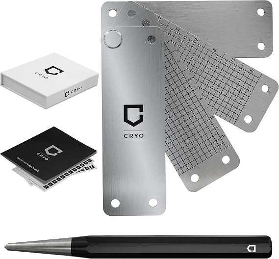 CRYO Crypto Seed Storage - Stainless Steel Wallet for Cryptocurrency Cold Storage - BIP39 12 or 24 Word Recovery Phrase Backup DOT