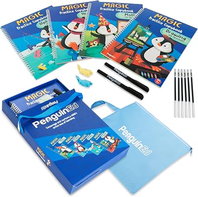 Magic Practice Copybook for Kids Ages 3-8 - 4-Pack Large size 11.1x7.9 - Reusable Copybook with Magic Pen & Ink Refill - Disappearing Ink Handwriting Book with Grooves - Blue Carry Bag