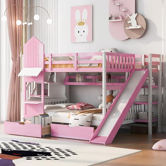 Bellemave Full Over Castle Bunk Bed with Slide and Storage Stairs, Wood Playhouse Beds Frame Shelves Drawers, Pink Princess for Girls Boys Teens, No Box Spring Needed Pink With Slide