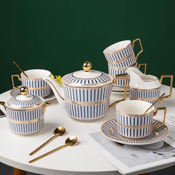 CwlwGO-15 Piece Bone China Tea Cups Sets,British Cups and Saucers Service for 4,Tea/Coffee Cup Set with Teapot Sugar Bowl Cream Pitcher Spoon,Gifts Box.