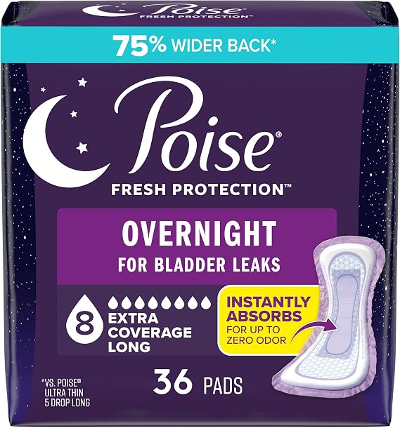 Poise Incontinence Pads & Postpartum Overnight Incontinence Pads, 8 Drop Extra Coverage, 36 Count, Packaging May Vary