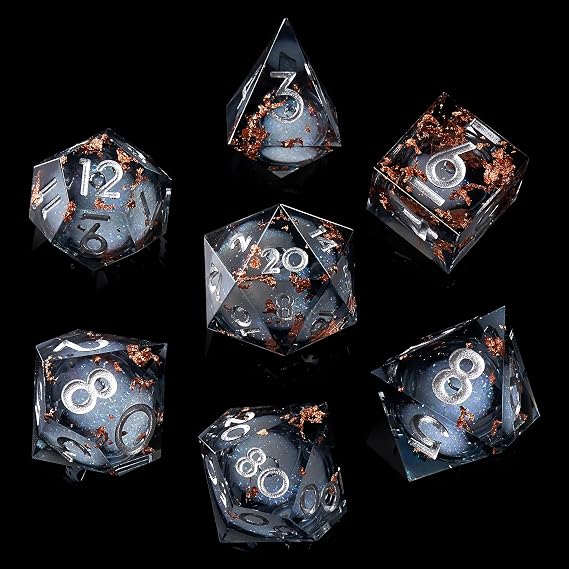 Liquid Core DND Dice Set, 7pcs Sharp Edge Dice for Role Playing Dungeons and Dragons Ttrpg with Gift Box, Handmade Resin D&D Dice RPG Role Playing Games Dice Set(Black Gold)