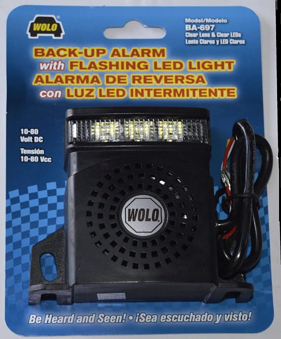 Wolo BA-697 Back-Up Alarm - 97 Decibels with Four Flashing 1-watt LEDs. Operating Voltage 12-36-volts. IP67