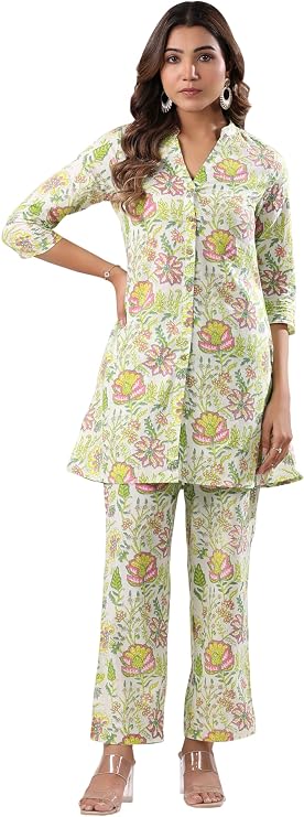 Janasya Indian Women's Cotton Green Floral Print Casual Wear Co-ord Set for Women