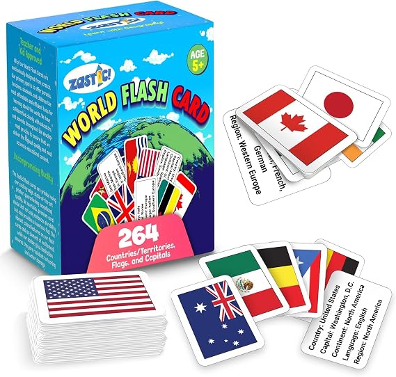 Zastic! 264 World Country Flags Flashcards - Capital, Languages & Continent