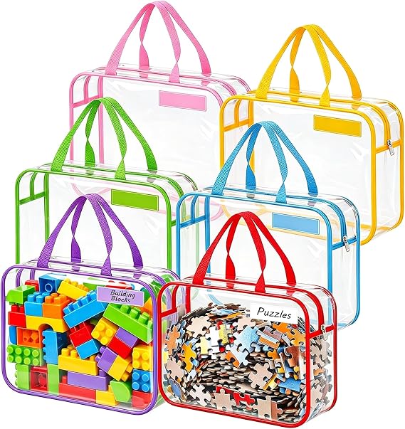 6 Pack Clear Toy Storage Bags with Handles Name Tag zip PVC Waterproof 11.8x8.6x3.9 Inch Organizer Bags for Building Blocks Puzzles Board Games Toy Organiser Bags for Toys (6 Colors)