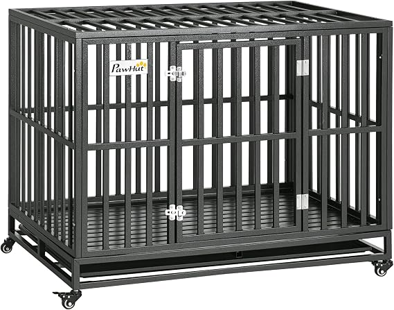 PawHut Heavy Duty Dog Crate Metal Kennel and Cage Dog Playpen with Lockable Wheels, Slide-Out Tray and Anti-Pinching Floor, 45" x 29.5" x 35"