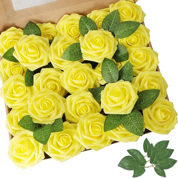 AmyHomie Yellow Rose 25pcs Real Looking Artificial Flowers w/Stem