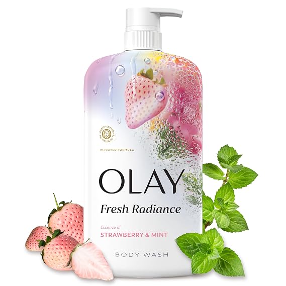 Olay Body Wash for Women, Fresh Radiance, 24/7 Skin-Loving Freshness, Visibly Radiant, Plant Based Cleansers, Vitamin B3 & Antioxidant Blend, For All Skin Types, Strawberry & Mint Scent, 29 fl oz
