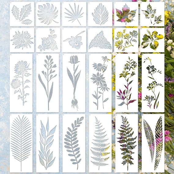 24pcs/Set Flower and Leaf Painting Stencils, PET Reusable Wild Flower Stencil Plastic Art Drawing Floral Templates DIY Crafts Plant Stencil for Painting on Wood Wall Door Canvas Home