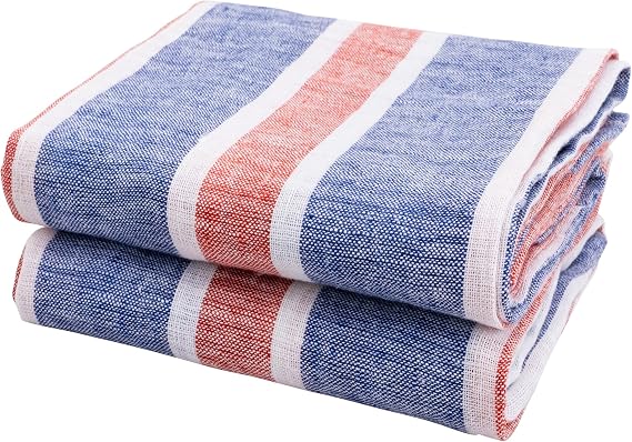 Linen Tea Towels, Linen Dish Towels for Kitchen, 100% Pure Linen, Blue Towels, Set of 2 (18 x 28 inches) Tea Dishtowel, Farmhouse Style Dish Cloths, French Striped Hand Towels