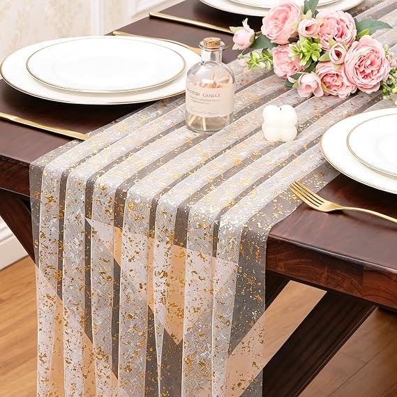 Gold 10FT Gauze Table Runner Sheer Glitter Metallic Foil Tulle