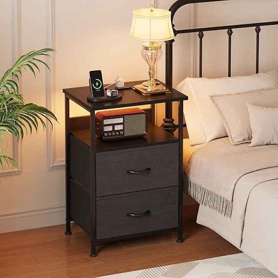 Bedside Table with Charging Station, Smart Beside Cabinet, Nightstand with 2 Fabric Drawers & LED Light, Small Side Table with Open Storage Shelf, End Table for Living Room, Bedroom, Black