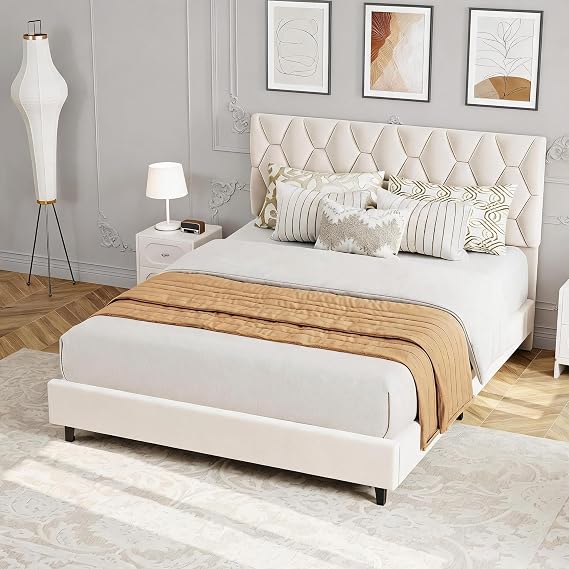 Double Size Bed Frame 135x190cm, Upholstered Tufted Adjustable Headboard