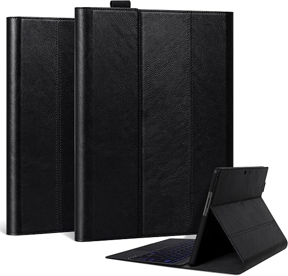 レザーケース Microsoft Surface Pro 9/10/11 13インチ用、プレミアムレザー、ビジネスポートフォリオサポートタイプカバーキーボード&ペンシルホルダー、自動スリープ/スリープ解除、マルチアングルビューカバー、ブラック