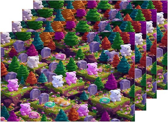 Shrahala Gummy Bear Candy Graveyard Isometric Set of 4 12 X 18 Inch Linen Placemats, Colorful Bears Tombstones Trees Burlap Table Mat Washable Double Layered Heat Insulation for Indoor/Outdoor