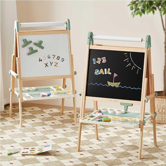 Tiny Land Foldable Wooden Kids Easel with Magnetic Letters & Numbers | Folds flat for storage, Spelling and counting for ages 3-12, Double-sided board, 3 heights, Paper roll included. Soft Sage