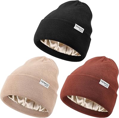 Senker Fashion 3 Pack Satin Lined Beanie Hats for Women Men, Winter Silk Beanies Knit Soft Warm Cuffed Hat Slouchy Caps