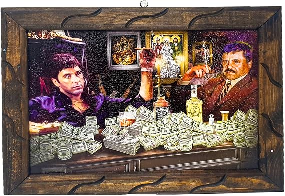 Arimex Scarface Al Pacino And El Chapo wooden picture frame Mobsters man cave painting Wall art Poster. Tony Montana El Chapo Art work (35inch x 25inch)