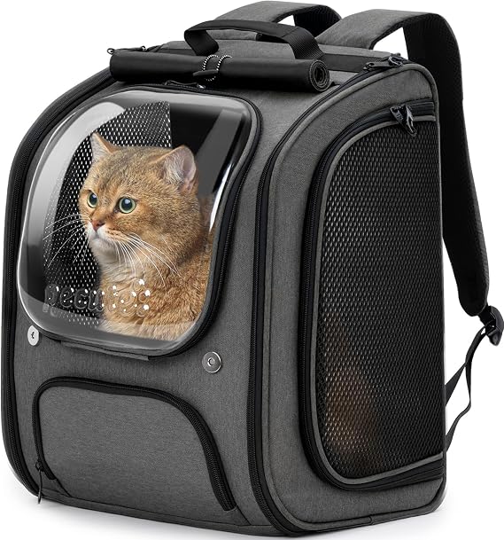 Pecute Cat Backpack Carrier,Large Space Cat Bubble Backpack,Ergonomic,Gray | Sunshade Curtain Backpack for Small Dogs,Safety Rope,Sturdy,Large Mesh for Breathability,Suitable for Outdoor,Vet