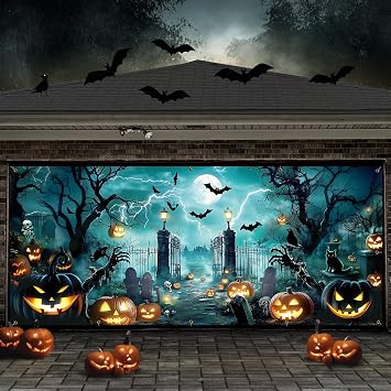 Halloween Garage Door Cover Banner 16x7 ft, Halloween Garage Wall Decorations for Outdoor Home Yard Decor Party (Castles)