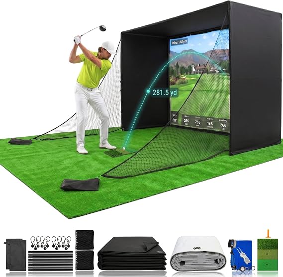 Golf Simulator Enclosure 10.7x8x5Ft & 8.5x8.5x5Ft Golf Simulators for Home | Light-Proof HD/4K Silent Impact Screen, Indoor/Outdoor - Includes Mat, Foam-Padded Iron Poles, Shank Net, Sandbag & Bonus Kit