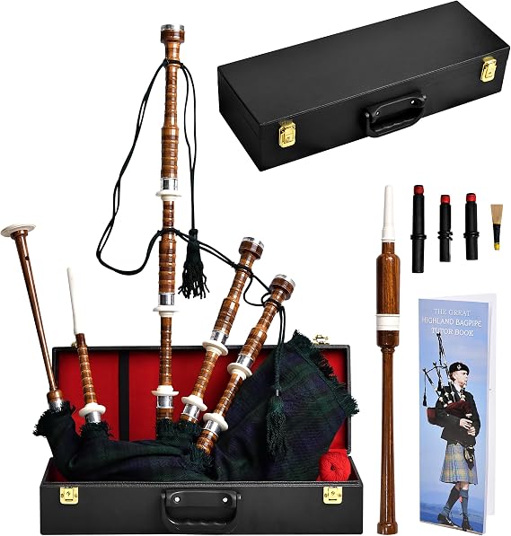 Highland Redstone Scottish Bagpipe Full Size Cocuswood Bagpipe in Rosewood Finish with Silver Plain Mounts & Free Tutor Book in Various Tartans (Black Watch Tartan)