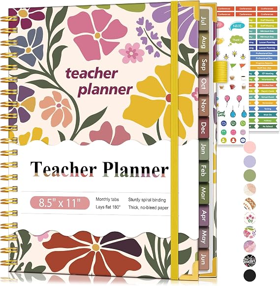 Teacher Planner 2026-2027, July 2026 - June 2027, Academic Weekly & Monthly Calendar Planner with Tabs, 8.5" x 11" A4 Teacher Lesson Plan Book with 7 Periods, Daily Agenda School Organizer for Teacher Student Homeschool Abstract Flowers