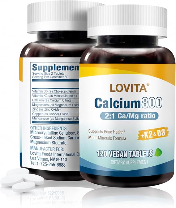 LOVITA Calcium Citrate 800 mg Daily, D3, K2 & Magnesium, 120 Vegan Tablets