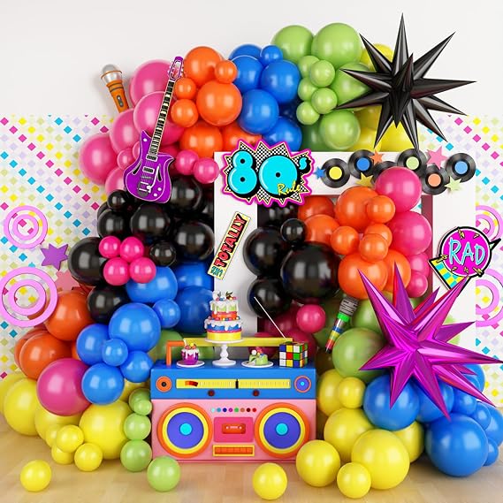 90s 80s Party Balloon Garland Arch Kit, 90s 80s Theme Party Decorations with Hot Pink Black Star Foil Balloons for Retro Theme Fever Nostalgic Birthday Party Decoration
