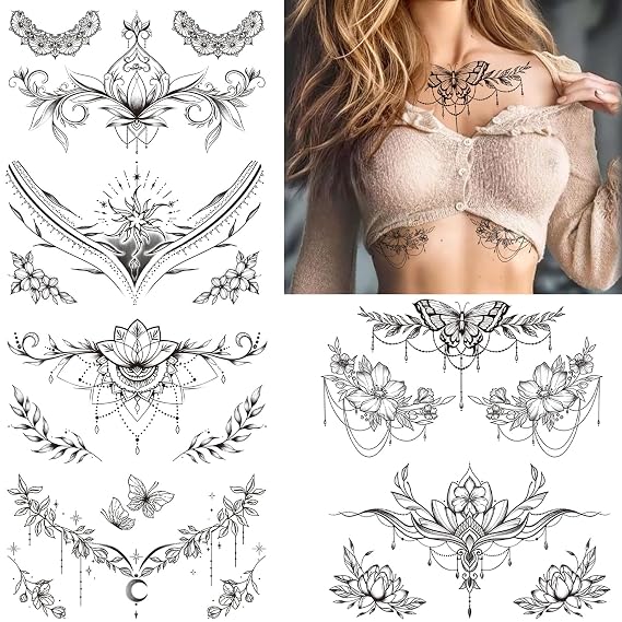 Tazimi Black Flower Chest Underboob Temporary Tattoos for Women | 10 Sheets Large Waist Back Fake Tattoos for girl Adults, Realistic Mandala Flower branch Tattoo Stickers Body Art