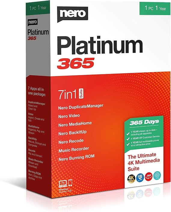 Nero Platinum 365 | All-in-One Multimedia Suite | Video Editing, Photos, Music, Backup, AI Tools, 4K/8K Support, Photo Organizer, Convert & Burn | 1 PC | Windows 11/10/8/7