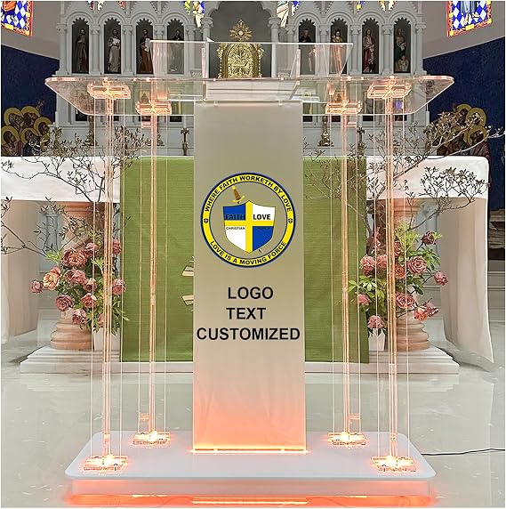 Customized Church Pulpit for Churches Text and Logo, Acrylic Podium with Led Lights, Podium with Wheels& Spacious Reading Platform, Lectern for Speech (39.4L*15.7W *44H)
